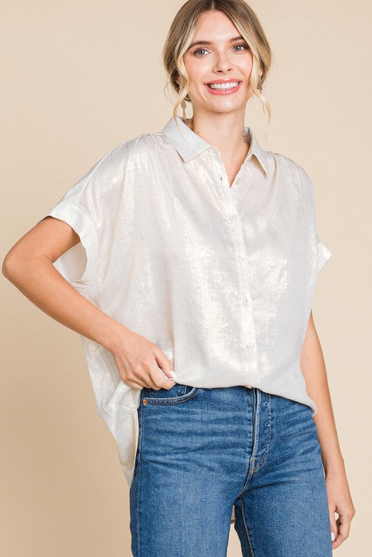 Metallic Collared Button Up Top