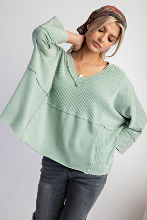 Mineral Washed Thermal V Neck Knit Top