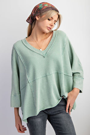 Mineral Washed Thermal V Neck Knit Top