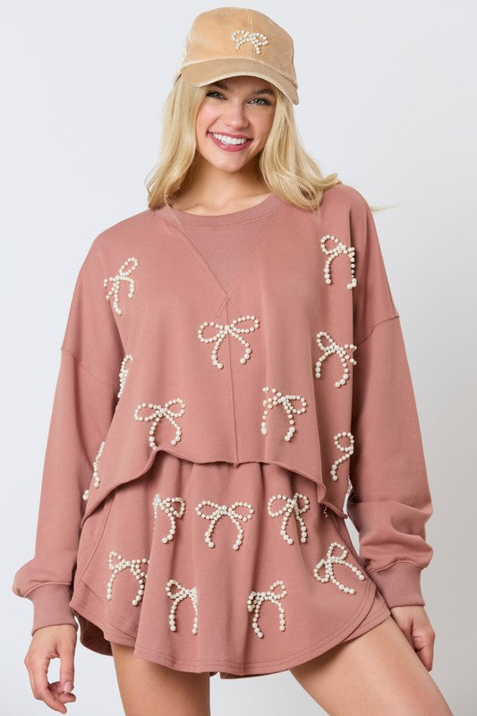 Pearl Bow Embellished Cropped Sweatshirt