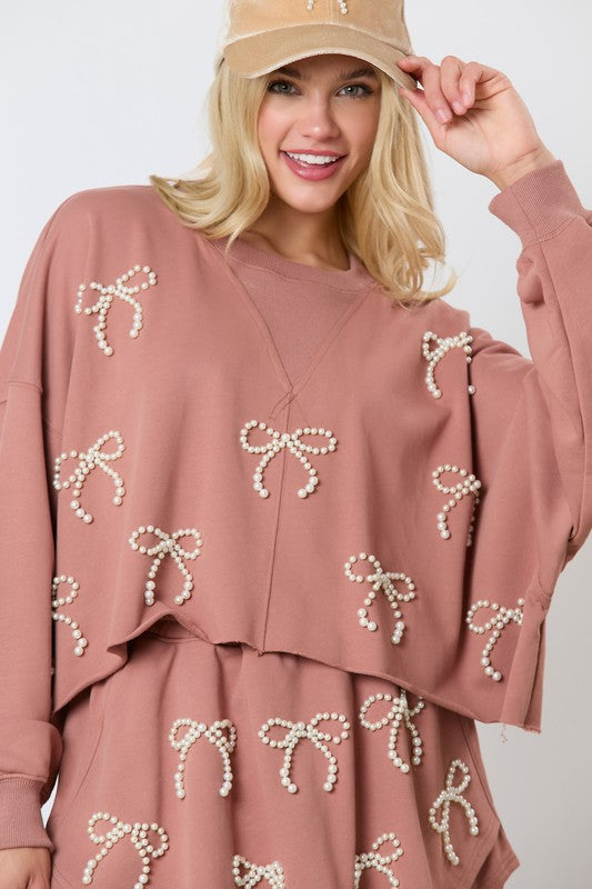 Pearl Bow Embellished Cropped Sweatshirt