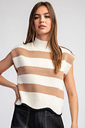 Striped Mock Neck Sleeveless Sweater