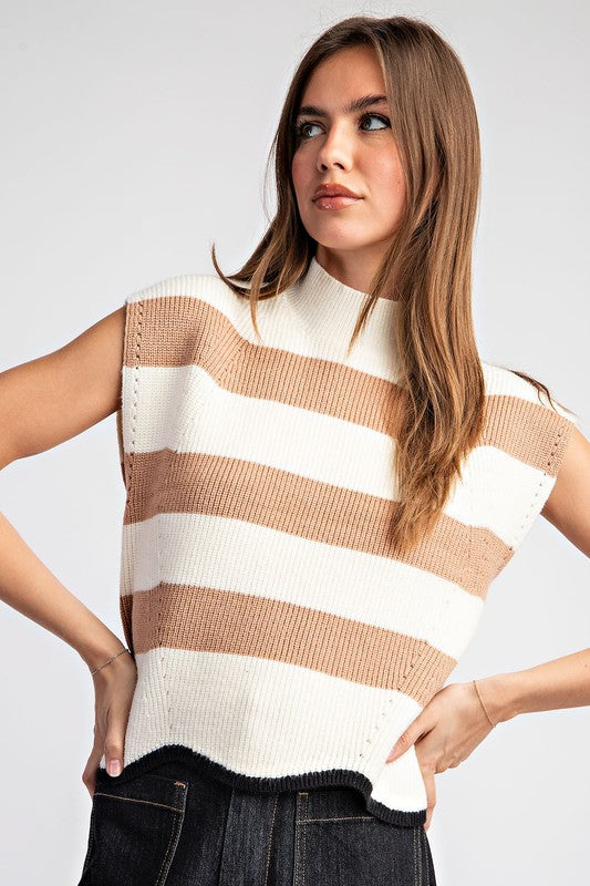 Striped Mock Neck Sleeveless Sweater