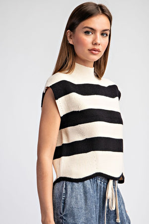 Striped Mock Neck Sleeveless Sweater