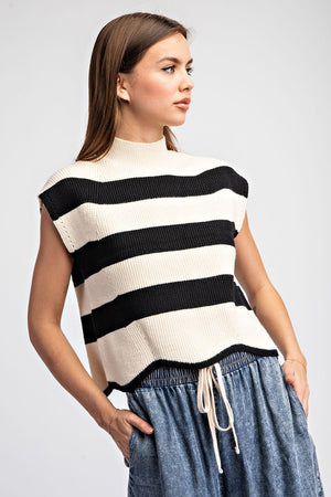 Striped Mock Neck Sleeveless Sweater