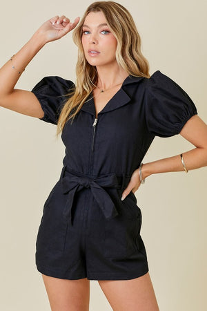 Denim Collared Zip Down Romper With Puff Sleeves