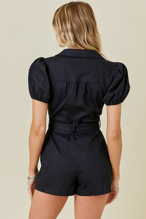 Denim Collared Zip Down Romper With Puff Sleeves