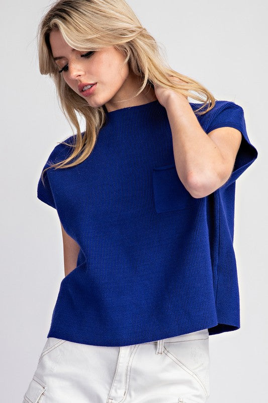 Short Sleeve Sweater Top With Pocket