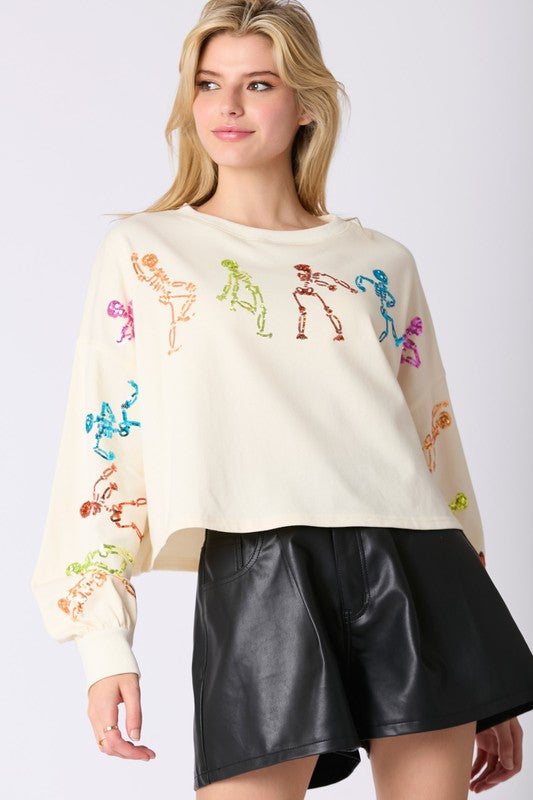Dancing Skeletons Sequins Embroidery Sweatshirt