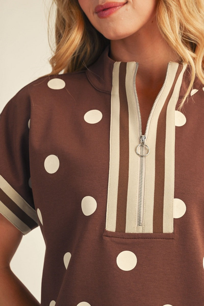 Front Zip Up Polka Dot Casual Top