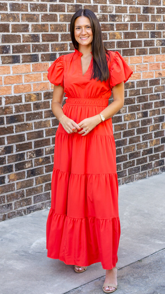 V-Neck Bubble Sleeve Tiered Midi Dress
