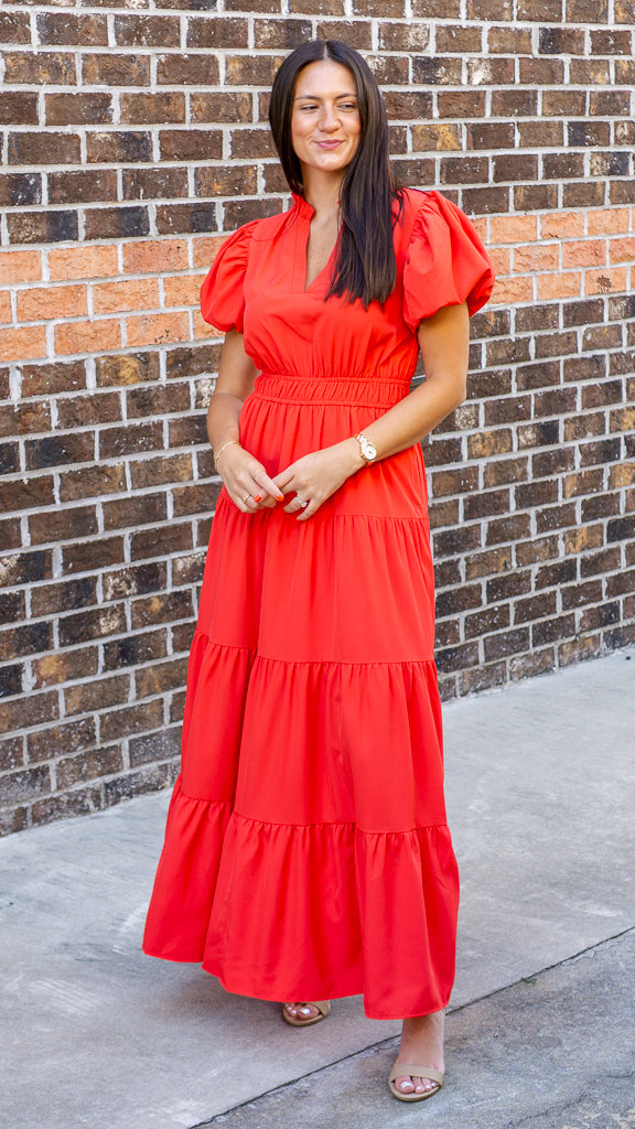 V-Neck Bubble Sleeve Tiered Midi Dress