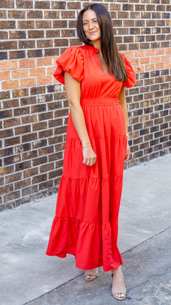 V-Neck Bubble Sleeve Tiered Midi Dress