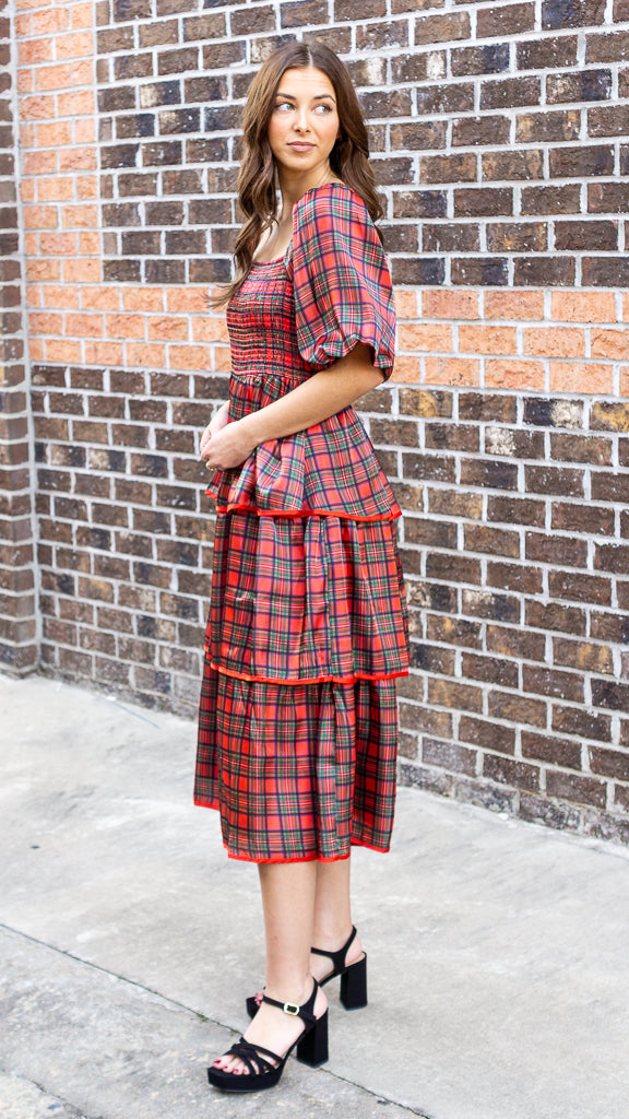 Christmas Plaid Silky Organza Tiered Midi Dress