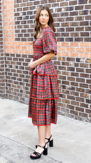 Christmas Plaid Silky Organza Tiered Midi Dress