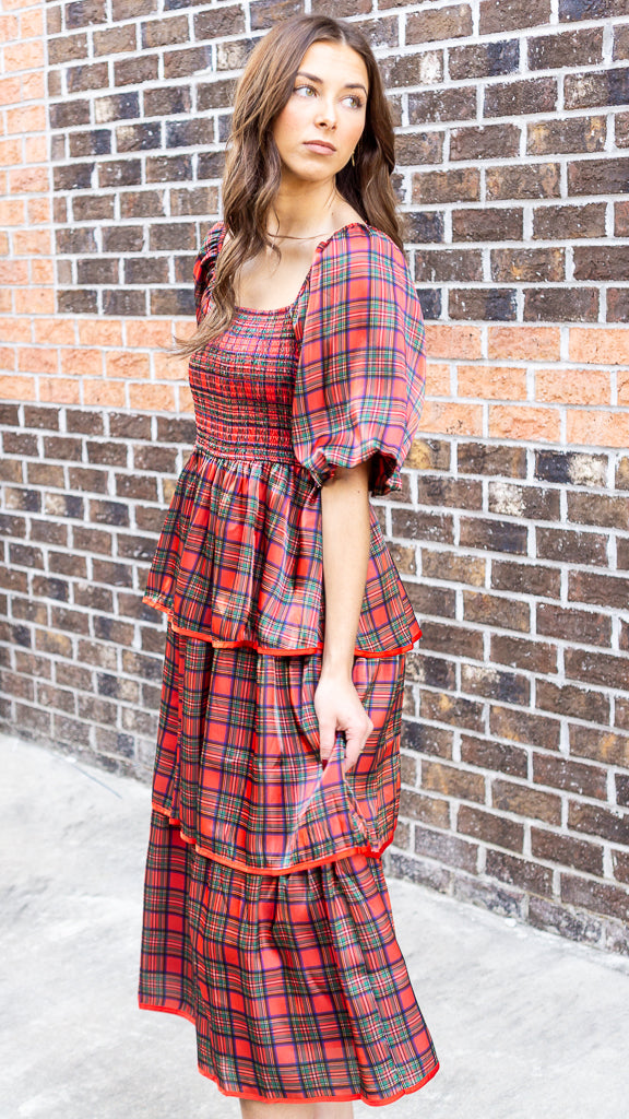 Christmas Plaid Silky Organza Tiered Midi Dress