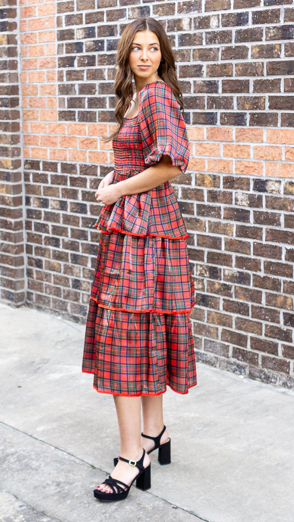 Christmas Plaid Silky Organza Tiered Midi Dress