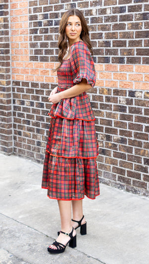 Christmas Plaid Silky Organza Tiered Midi Dress