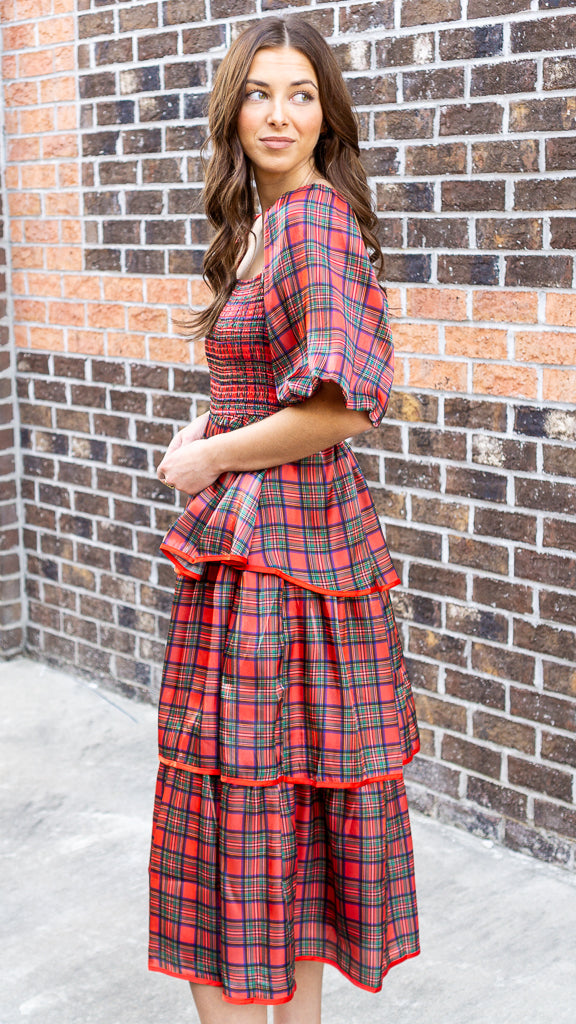 Christmas Plaid Silky Organza Tiered Midi Dress