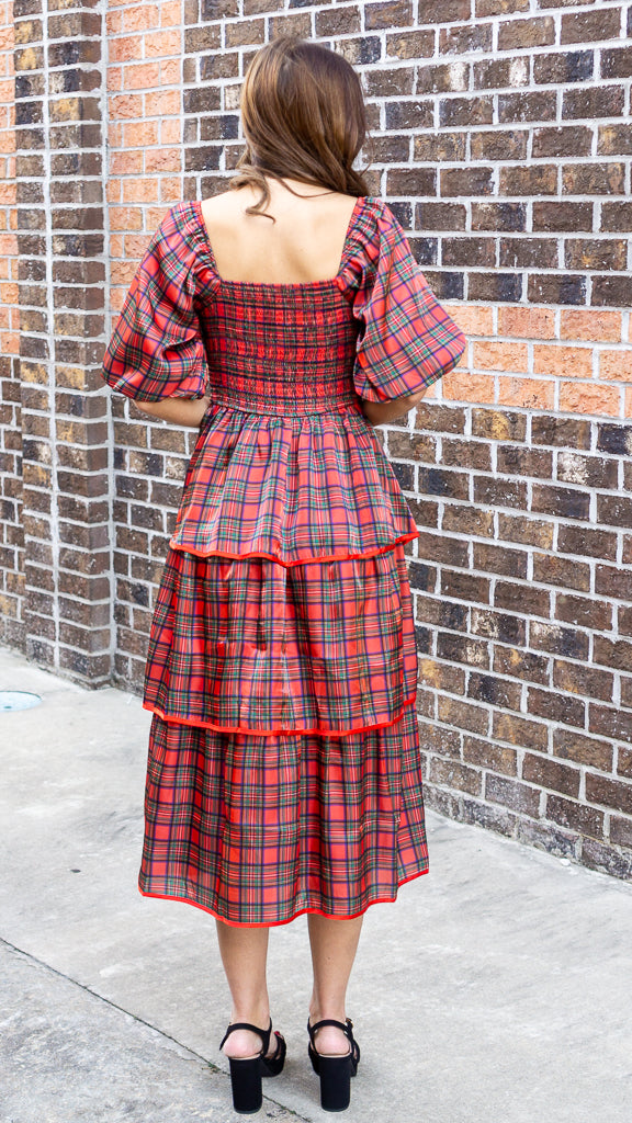 Christmas Plaid Silky Organza Tiered Midi Dress