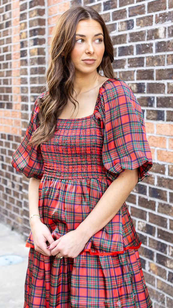 Christmas Plaid Silky Organza Tiered Midi Dress