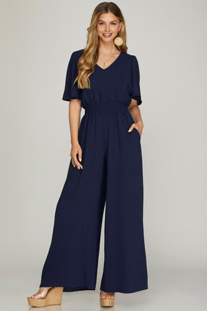 Flounce Sleeve Smock Waist Wide Leg Woven Jumpsuit