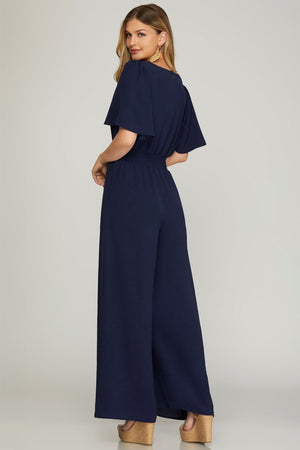 Flounce Sleeve Smock Waist Wide Leg Woven Jumpsuit