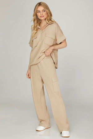 Knit Cargo Pants With Pockets And Waist Elastic