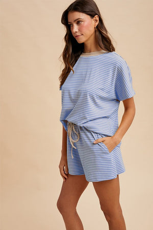 ANNIEWEAR Women's Set DENIM BLUE/TAUPE / S Loose Fit Striped Knit Top & Mini Shorts Set 9278DB