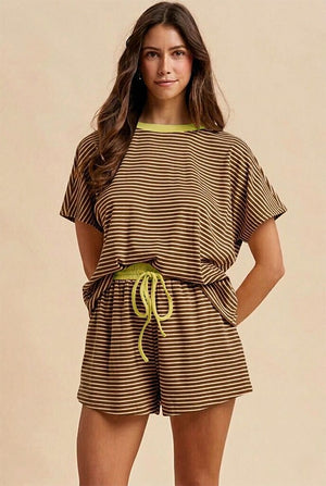 ANNIEWEAR Women's Set MOCHA/GOLD / S Loose Fit Striped Knit Top &amp; Mini Shorts Set 9278SMG