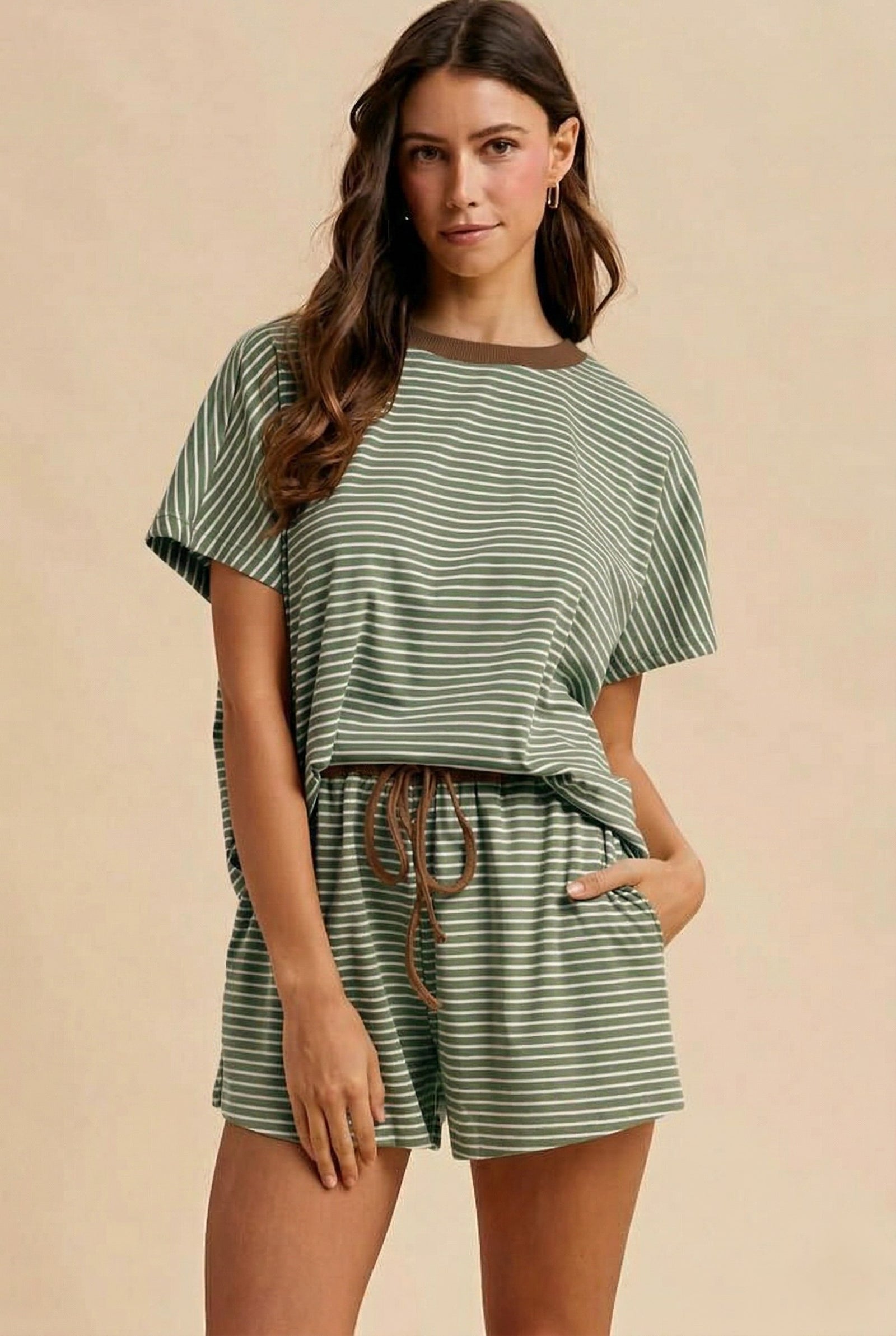 ANNIEWEAR Women's Set MOCHA/GOLD / S Loose Fit Striped Knit Top &amp; Mini Shorts Set 9278SMG