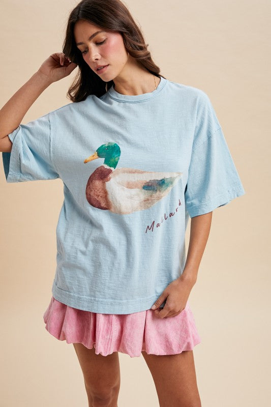 ANNIEWEAR Women's Top S / LT BLUE Watercolor Mallard Duck Printed Oversized Tee Shirt AT3911J