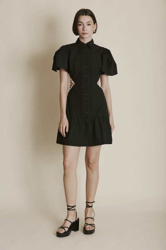 AUREUM Women's Dresses Pearl Trim Cut-Out Shirt Dress || David's Clothing