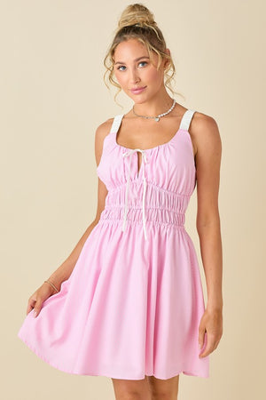 BABY PINK Women's Dresses Pin Strip Gather Waist And Shoulder Strap Dress || David's Clothing