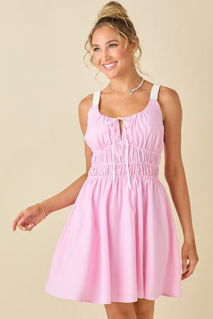 BABY PINK Women's Dresses Pin Strip Gather Waist And Shoulder Strap Dress || David's Clothing