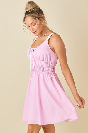 BABY PINK Women's Dresses Pin Strip Gather Waist And Shoulder Strap Dress || David's Clothing