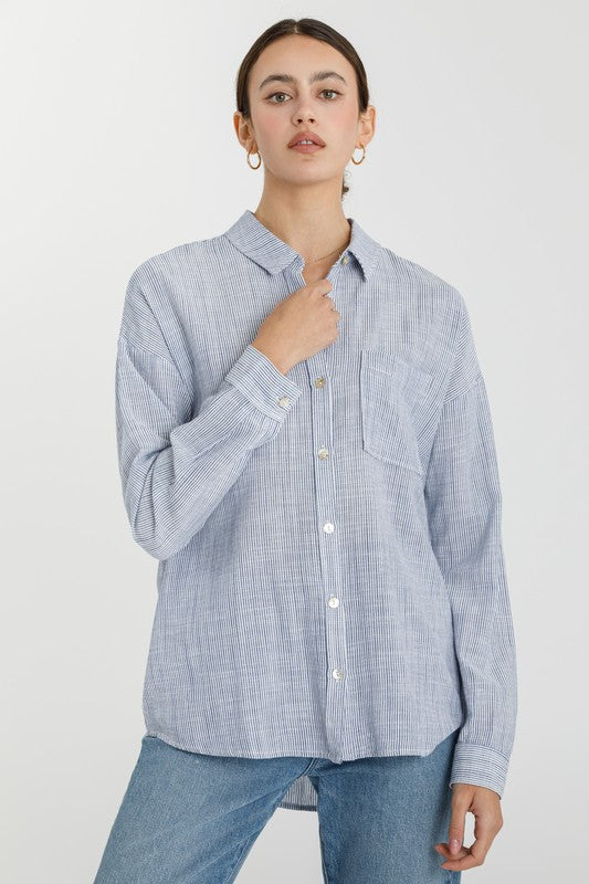 Be Cool LA Women's Top Hairline Stripe Button Down Shirt || David's Clothing