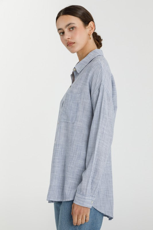 Be Cool LA Women's Top Hairline Stripe Button Down Shirt || David's Clothing
