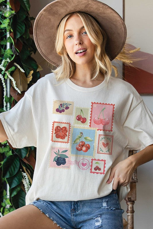 BLUME + CO Women's Top Cherry Stamps Oversized Graphic Tee || David's Clothing
