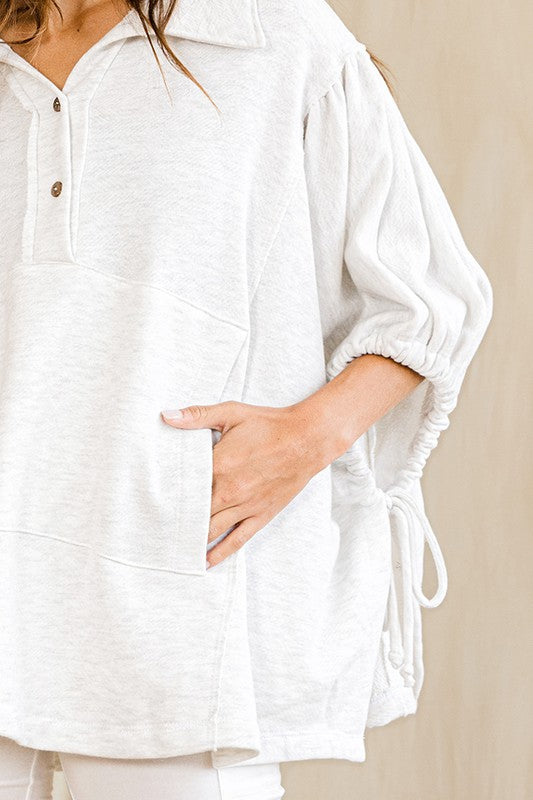 BUCKET LIST Women's Sweaters Oversized Drawstring Tie Sleeves Detail Solid Top || David's Clothing