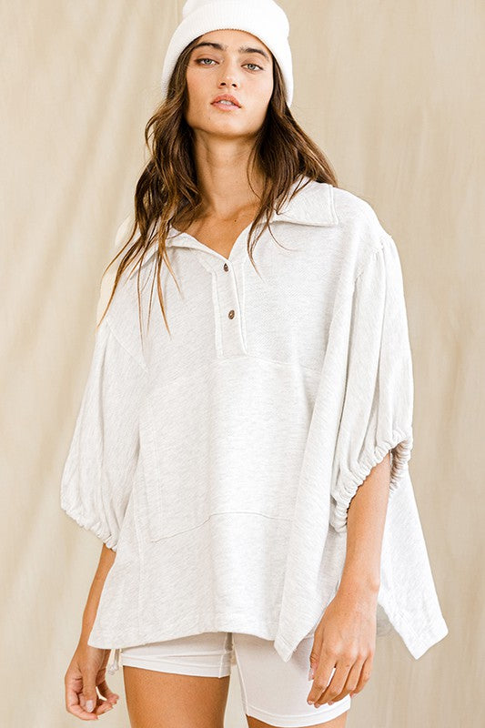 BUCKET LIST Women's Sweaters Oversized Drawstring Tie Sleeves Detail Solid Top || David's Clothing