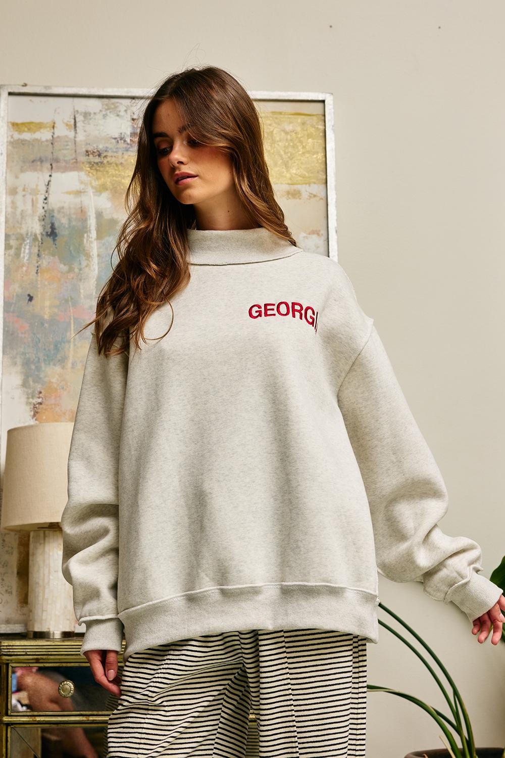 BUCKET LIST Women's Sweatshirt Embroidered "GEORGIA" Mock Neck Pullover