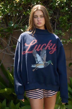 BUCKET LIST Women's Sweatshirt Lucky Mallard Graphic Reversible Mock-neck Sweatshirt