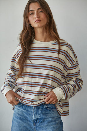 BY TOGETHER YOU AND I Women's Top BLUE CAMEL / S Knit Cotton Multicolor Stripe Crew Neck Long Sleeve Top L8681BC