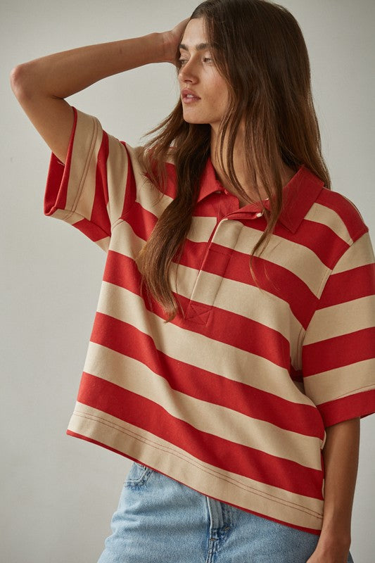 BY TOGETHER YOU AND I Women's Top Bold Striped Rugby Tee