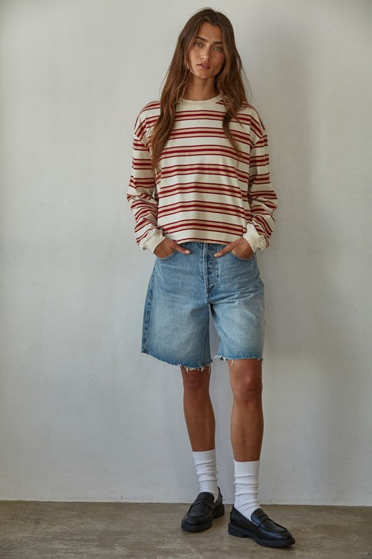 BY TOGETHER YOU AND I Women's Top Knit Cotton Multicolor Stripe Crew Neck Long Sleeve Top