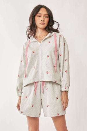 DAVI & DANI Women's Loungewear Ribbon Heart Embroidery Zip Up Hoodie Set || David's Clothing