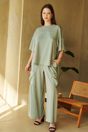 DAVI & DANI Women's Pants Solid Cargo Pockets Wide Open Pull On Pants