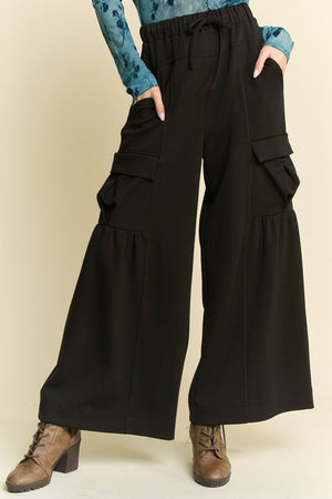 DAVI & DANI Women's Pants Solid Cargo Pockets Wide Open Pull On Pants