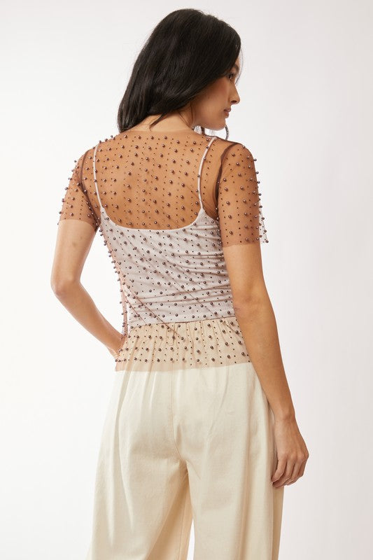 DAVI & DANI Women's Top Bead And Pearl Embellished Short Sleeves Mesh Top || David's Clothing